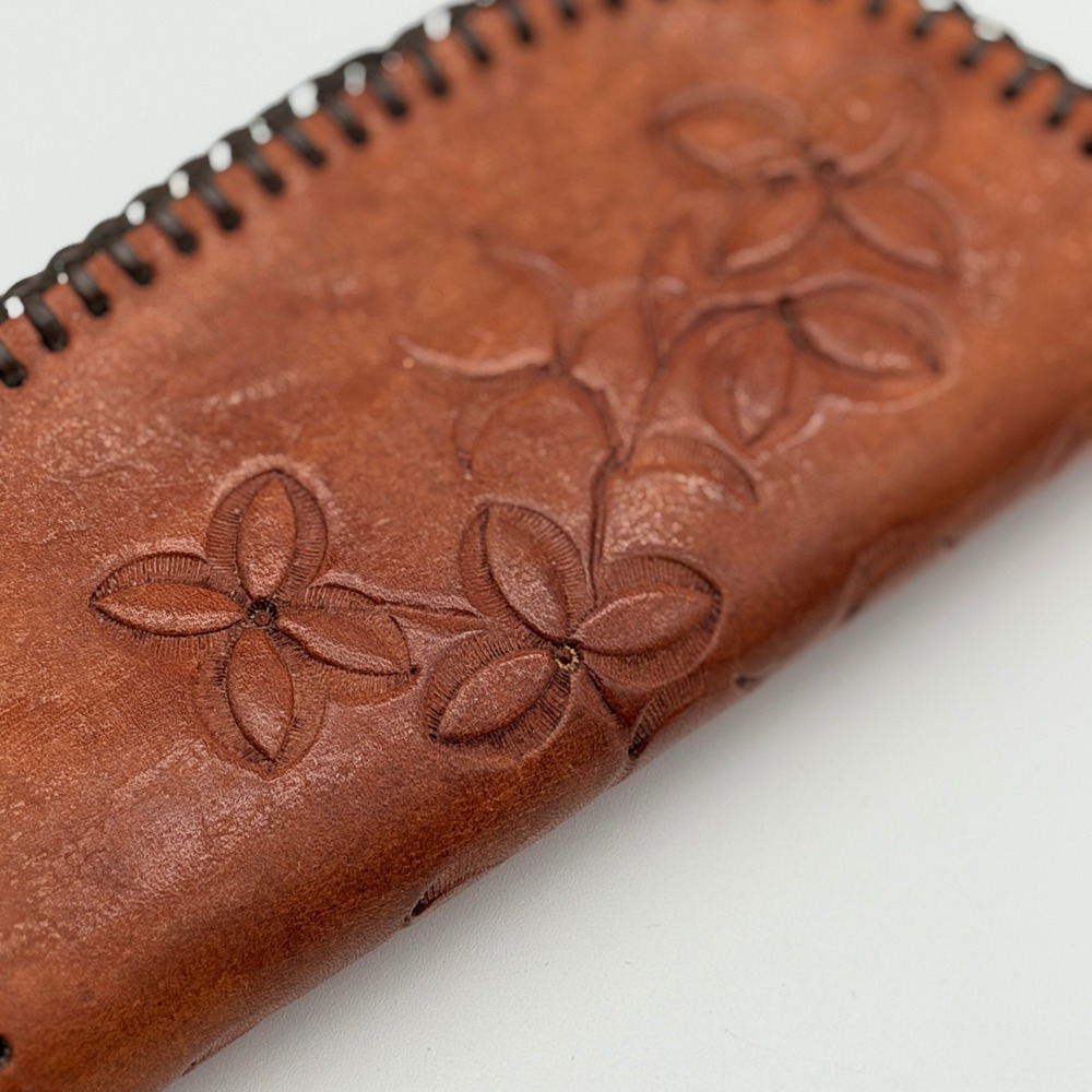 Vintage Tooled Leather Floral Coin Purse Brown Whipstitch Zipper Pouch Western